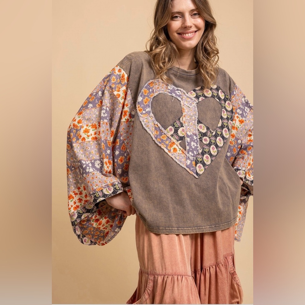 Bluevelvet Heart Peace Sign Upcycled Patchwork Boutique Poncho Top in Slate